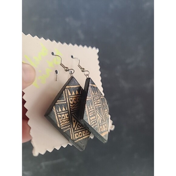 Handpainted Bohemian Wooden Square Shaped Dangling Earrings Vintage NOS - Picture 4 of 10